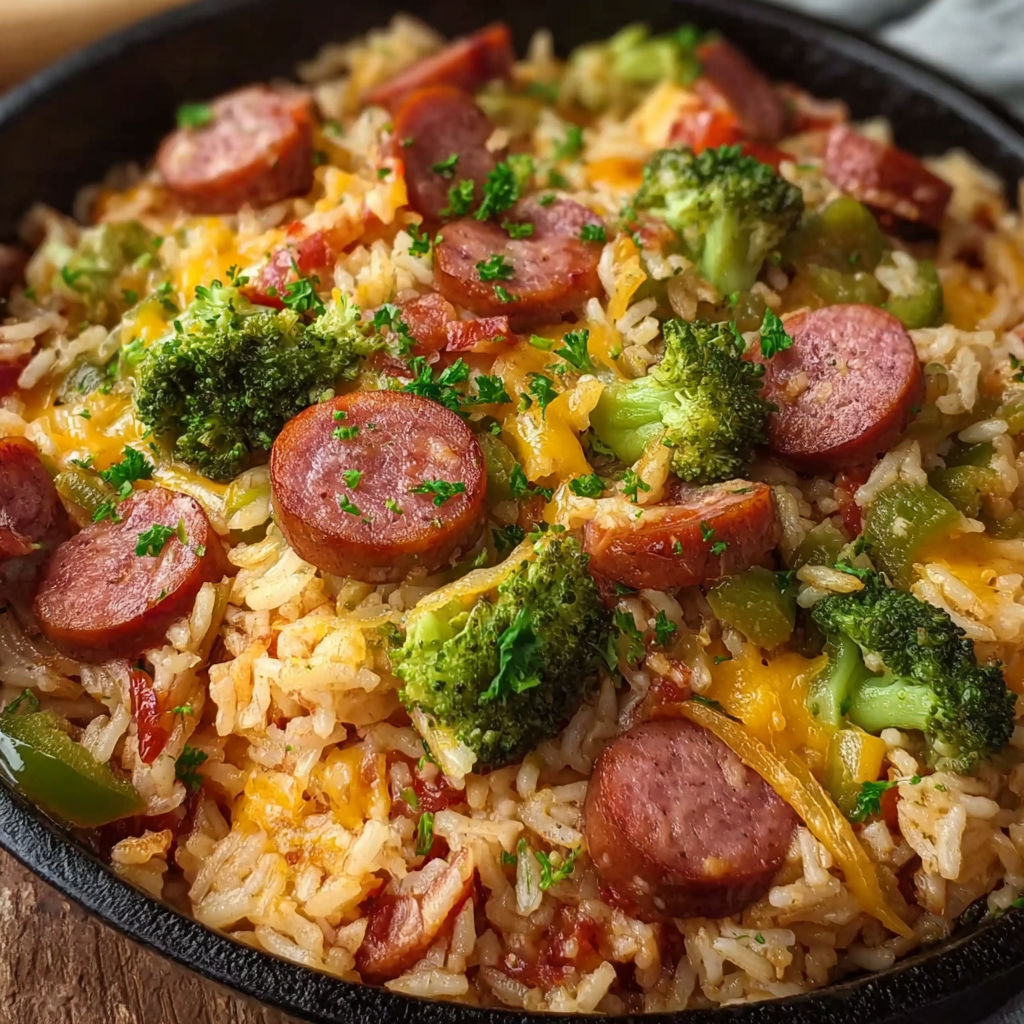 A delicious meal of Cheesy Smoked Sausage Rice Skillet is ready to be enjoyed.