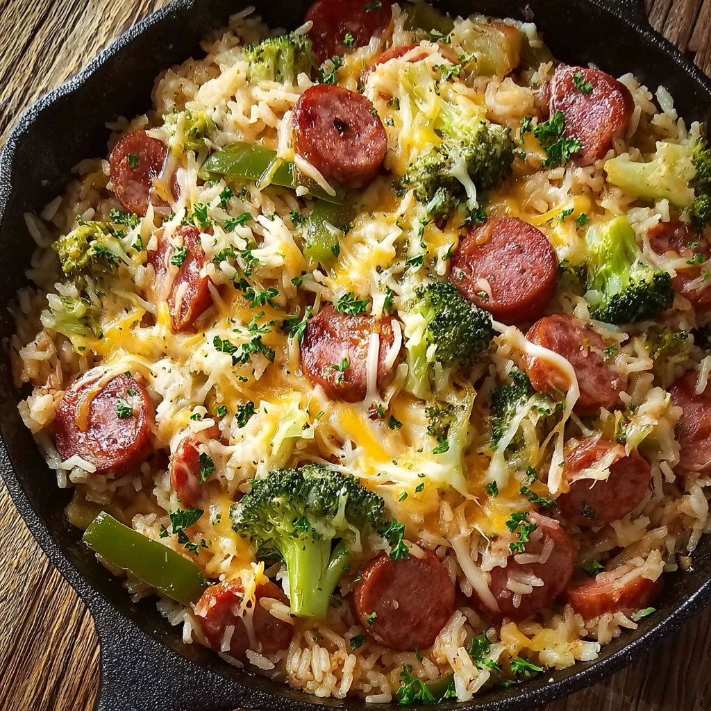 A delicious meal of rice, sausage, broccoli, and cheese, all cooked together in a skillet.