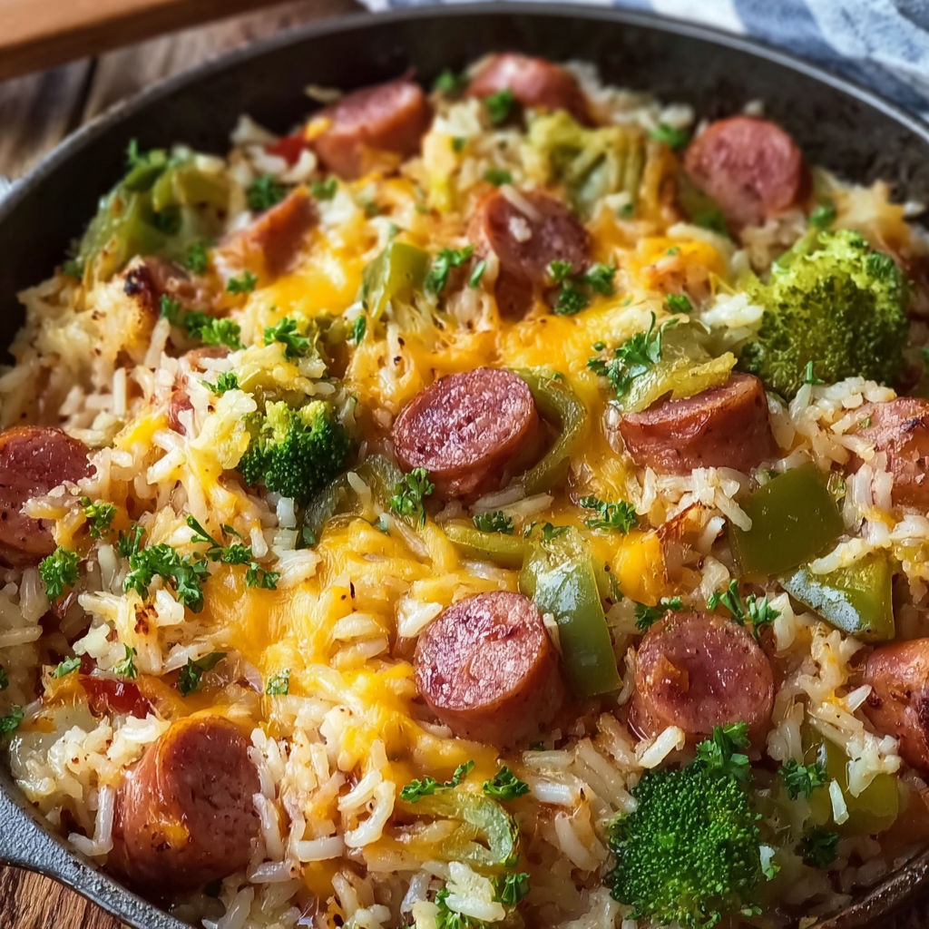 A delicious rice dish with sausage, broccoli, and cheese.