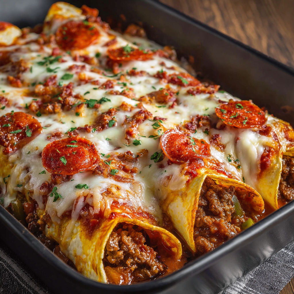 A delicious homemade pizza enchilada with ground beef and cheese.
