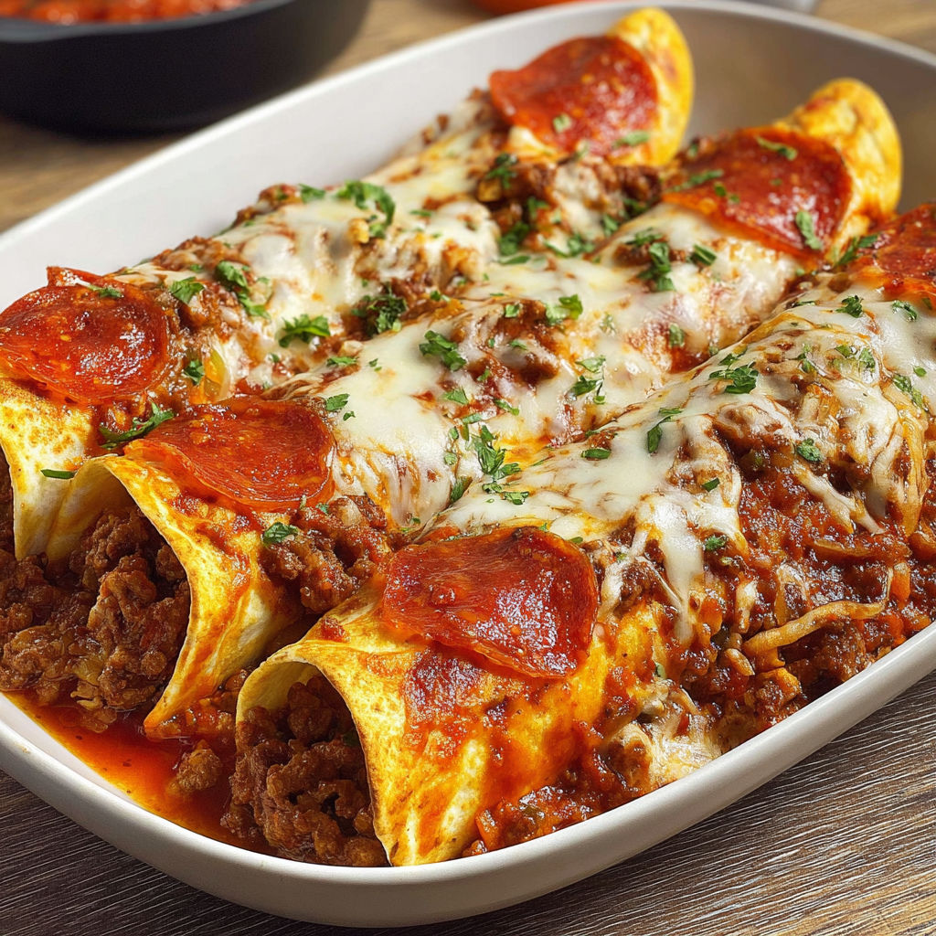 A delicious meal of Pizza Enchiladas with Ground Beef is served in a white bowl.