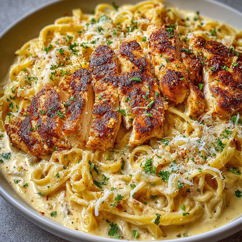 A plate of pasta with chicken and cheese on top.
