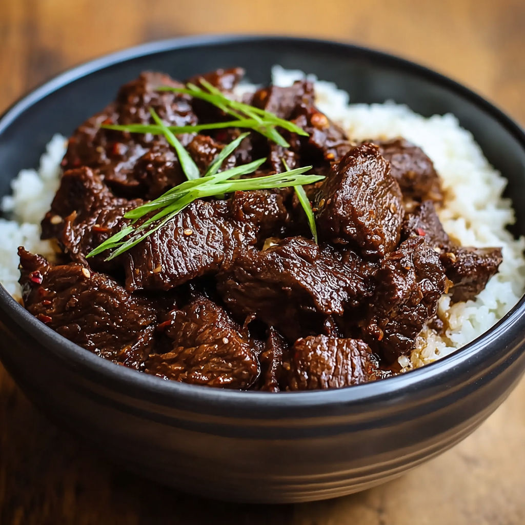 A bowl of slow cooker Korean beef with rice and green onions.