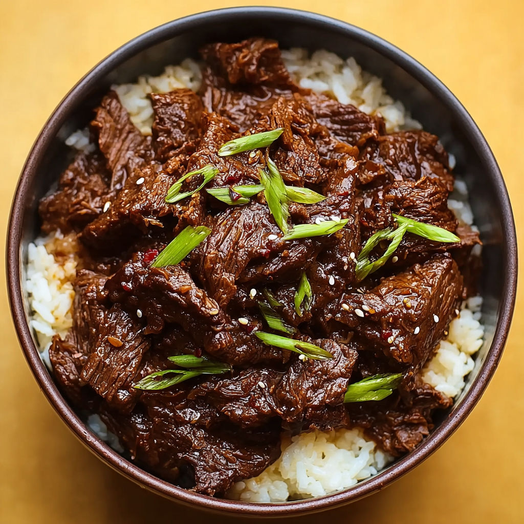 A bowl of slow cooker Korean beef with rice and green onions.