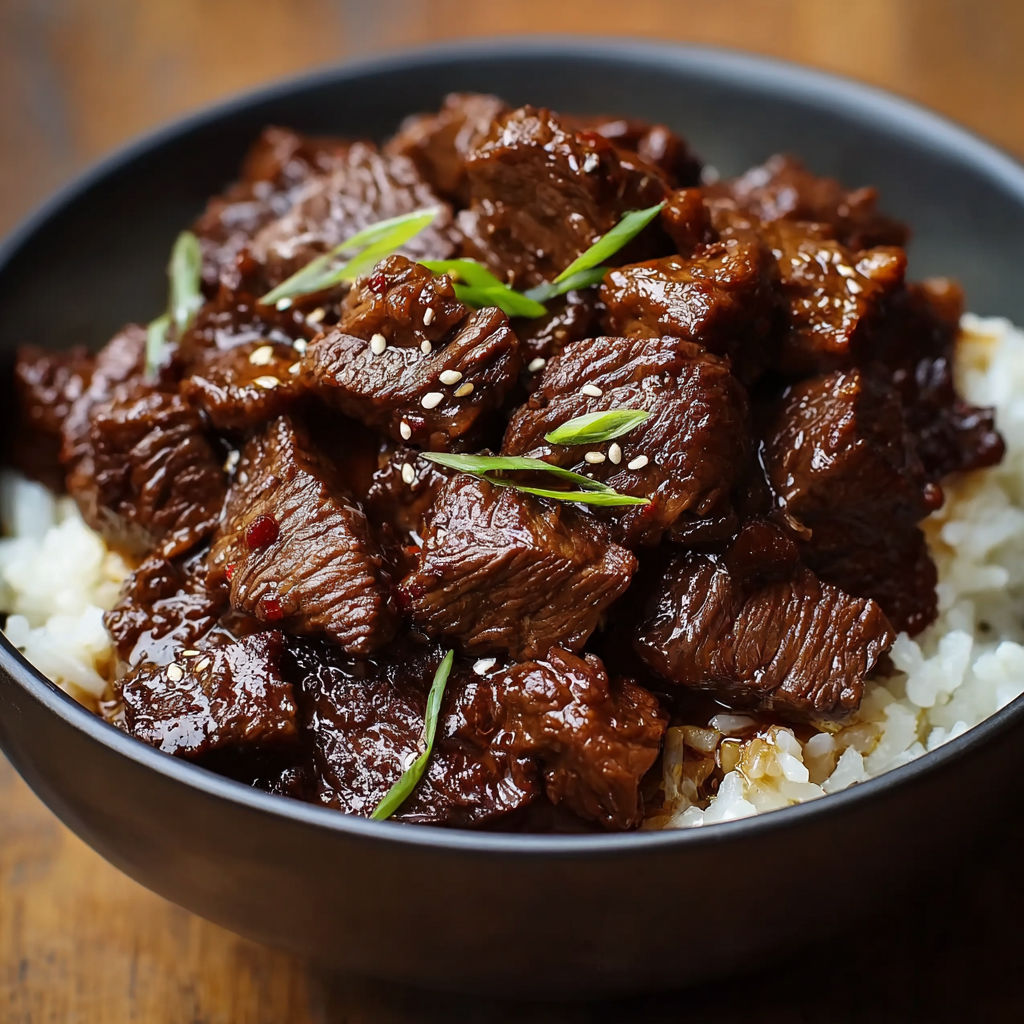 A bowl of slow cooker Korean beef with rice and green onions.