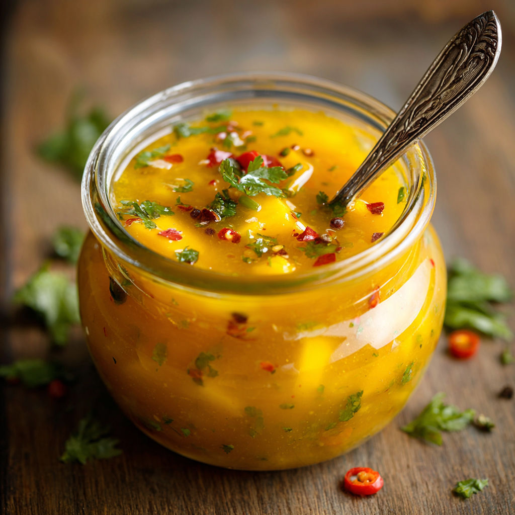 A jar of spicy mustard with a spoon inside.