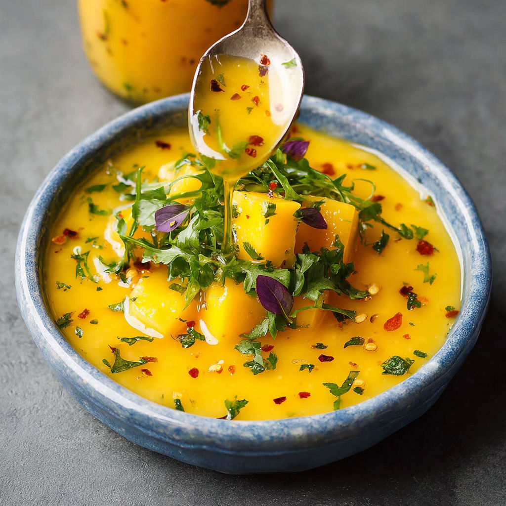 A bowl of soup with a spoon in it, filled with a variety of vegetables and spices.