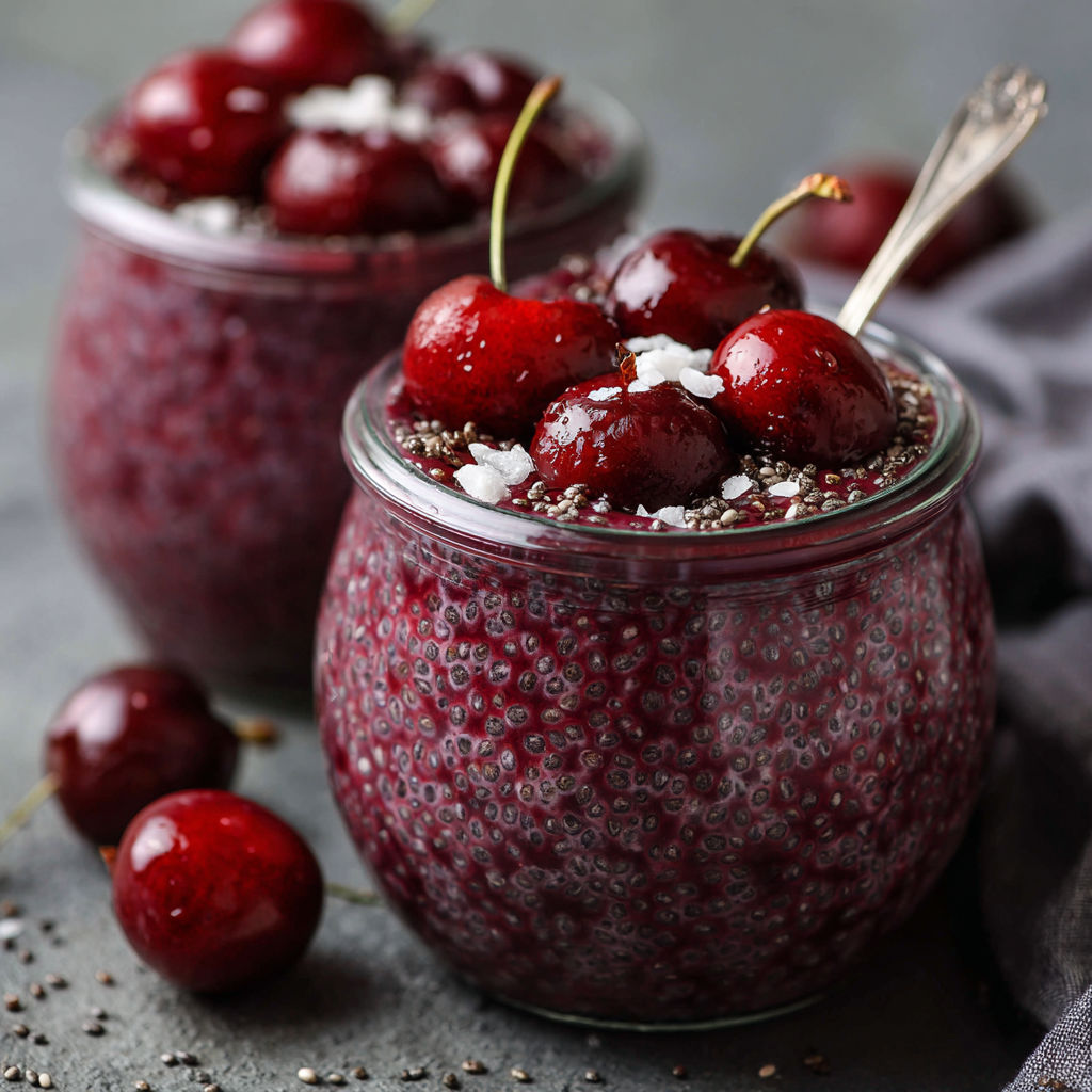 Cherry dessert with chia seeds and cranberries.