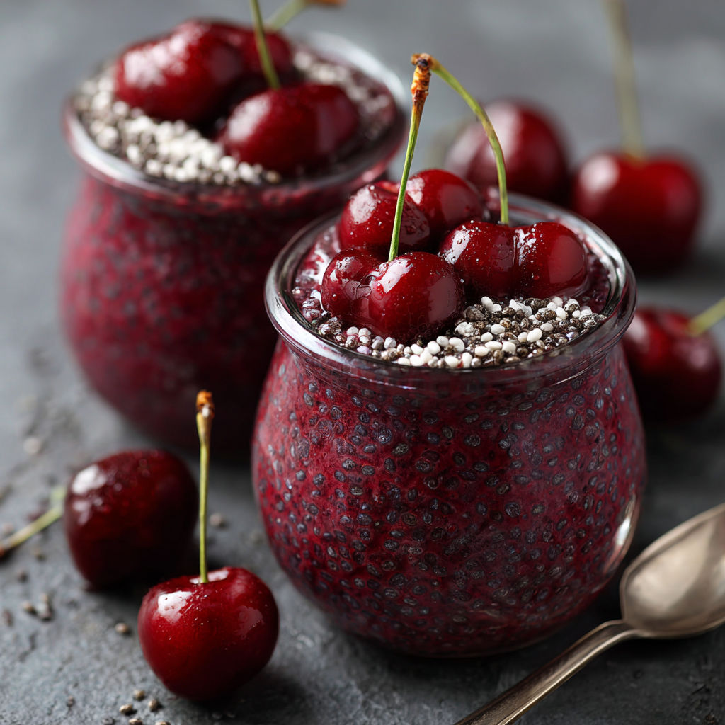 Cherry chocolate dessert with chia seeds and a spoon.