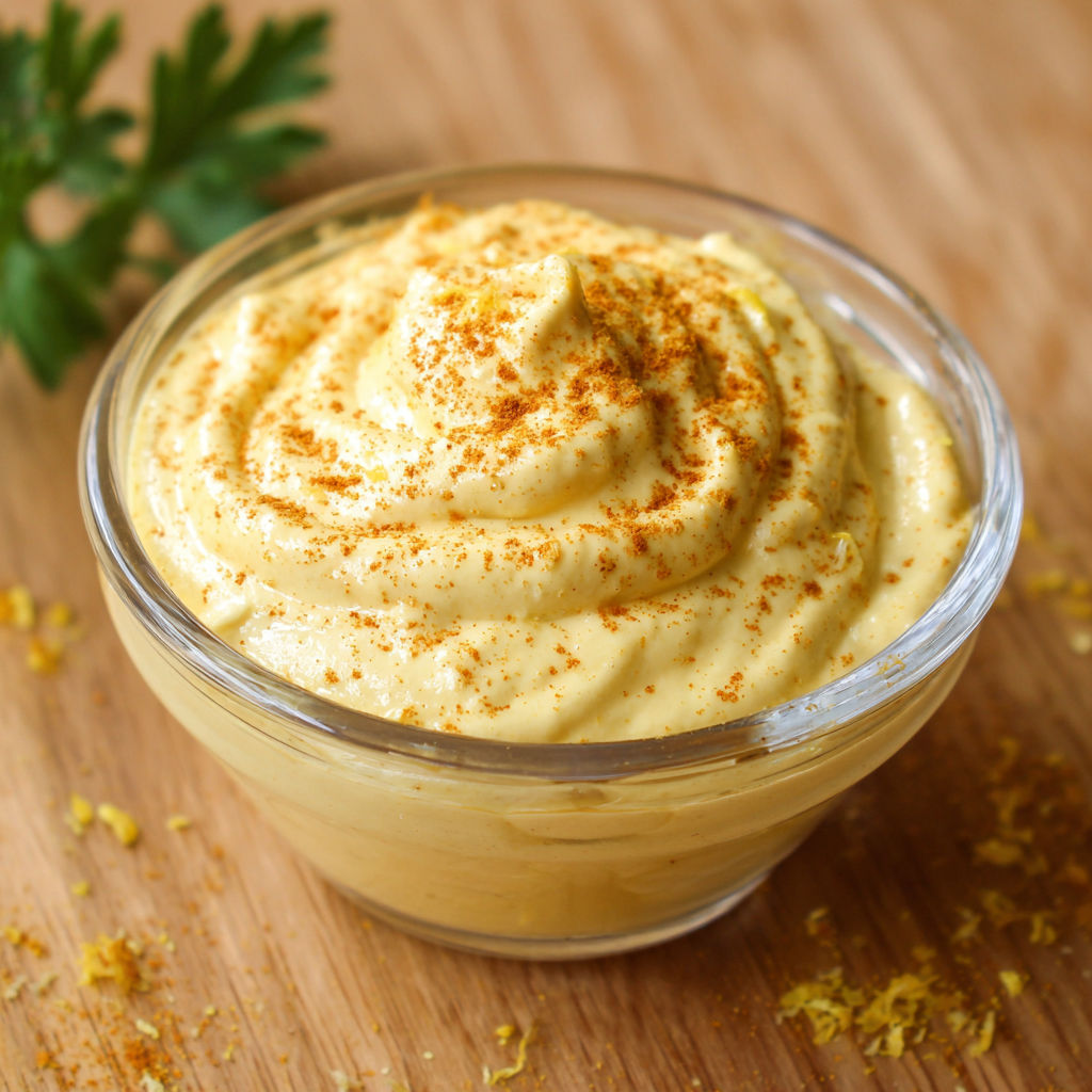 A small bowl of orange sauce with a sprig of parsley on the side.