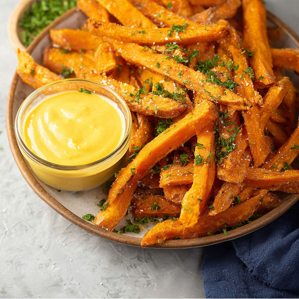 A plate of fries with a dipping sauce, possibly ranch dressing, on the side.