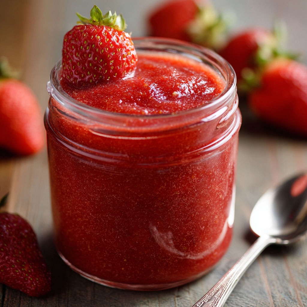 A jar of Slow Cooker Strawberry Butter is displayed on a table.