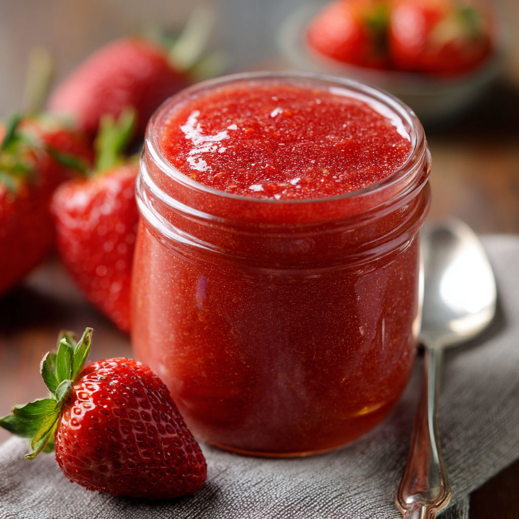 A jar of strawberry jam is placed on a table next to a bowl of strawberries.