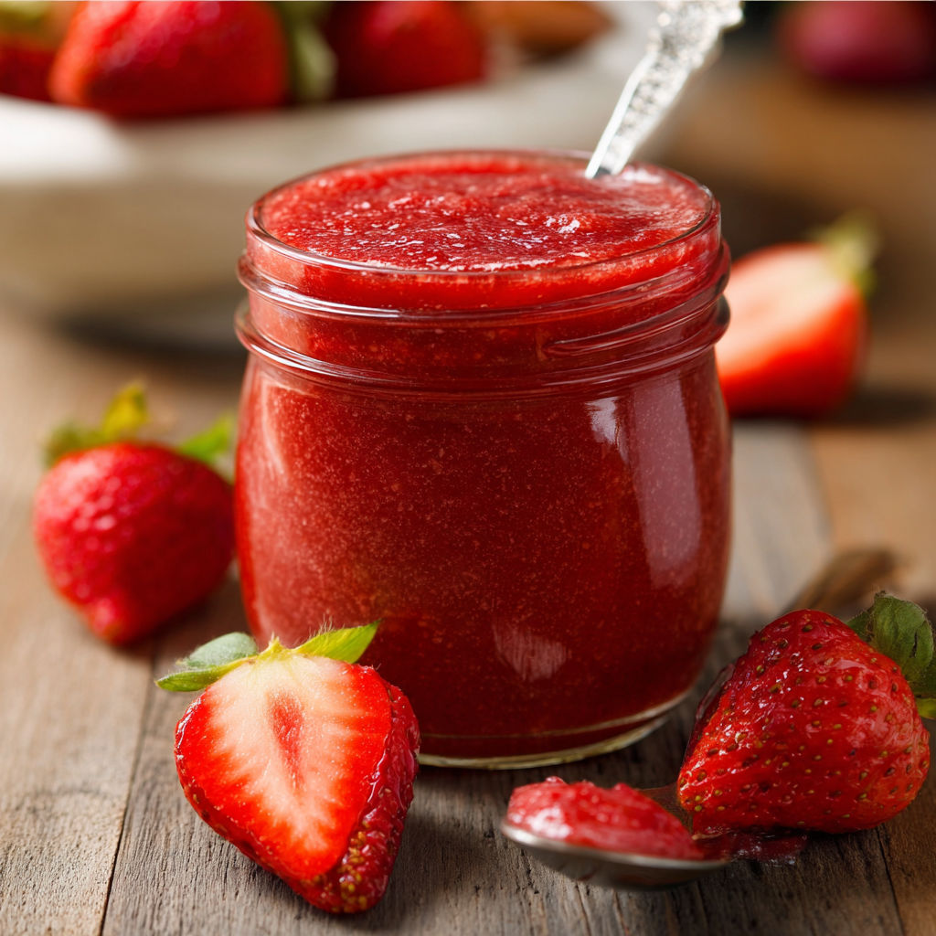A jar of strawberry jam with a spoon in it.