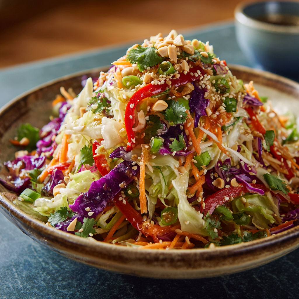 A bowl of shredded cabbage and carrots, topped with peanuts and a spicy sauce, is served on a dining table.