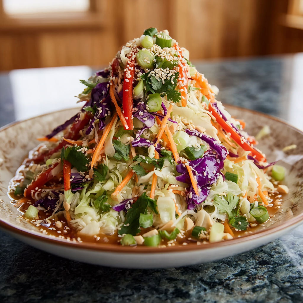 A plate of food with a variety of vegetables, including carrots and broccoli, is served on a dining table. The dish is described as a "coleslaw salad.