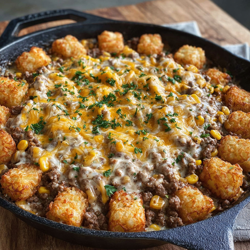 A delicious one-pan meal, Cowboy Casserole, is ready to be served.