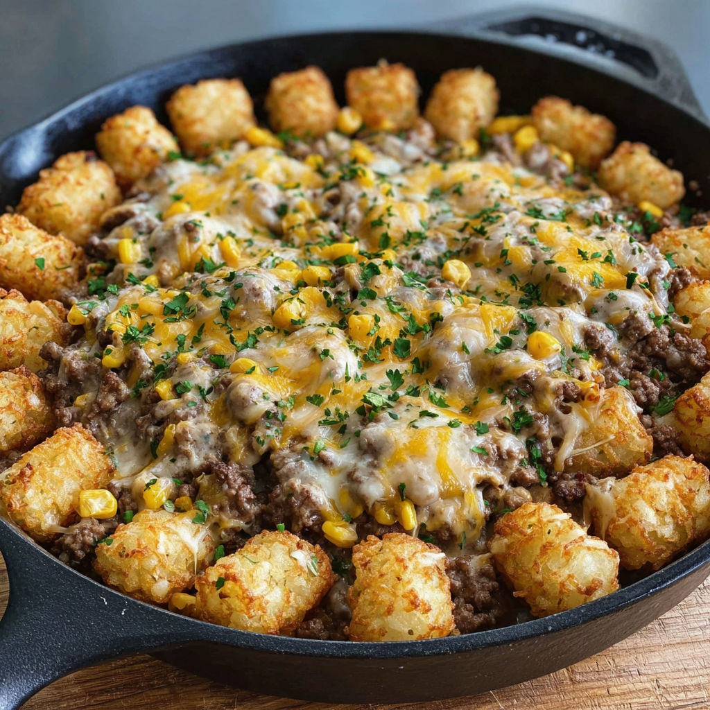 A delicious one-pan meal, Cowboy Casserole, is ready to be served.