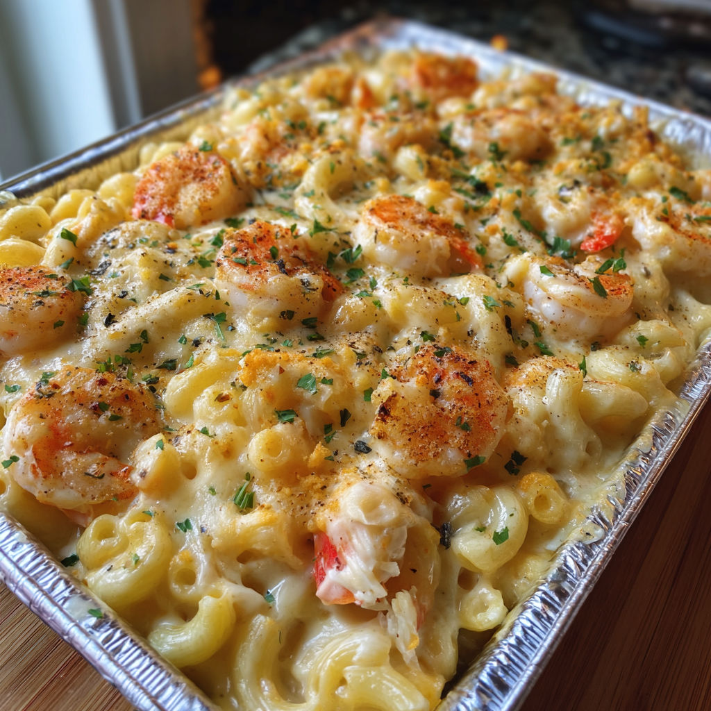 A delicious seafood pasta dish in a foil pan.