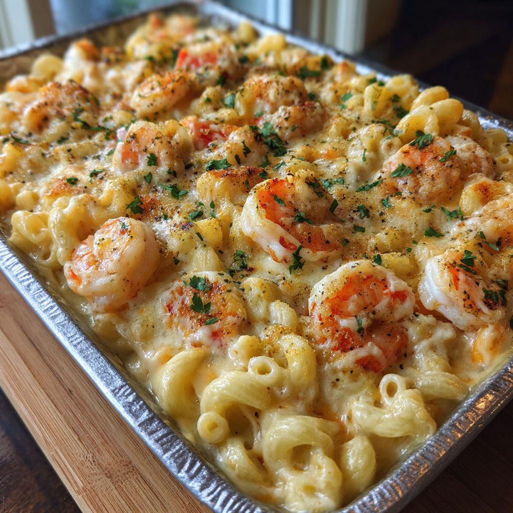 A delicious macaroni and cheese dish with shrimp and herbs, served in a tin.