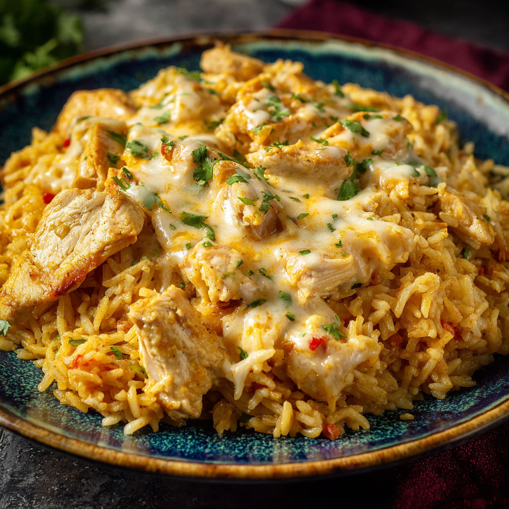 A plate of rice with chicken and cheese on top.