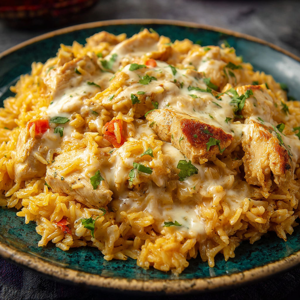 A plate of rice with chicken and cheese on top.