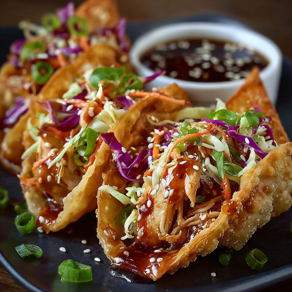 A plate of Crispy Chicken Wonton Tacos with a dipping sauce.