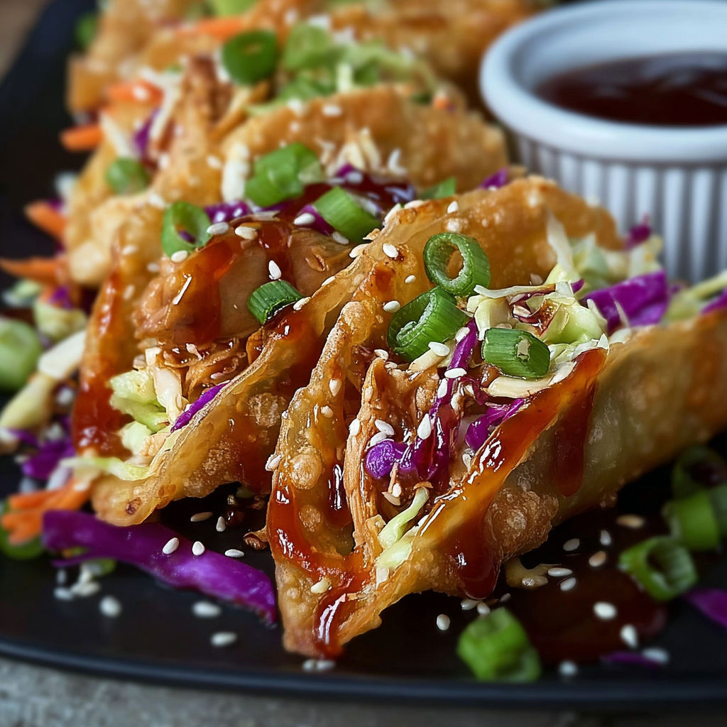 A plate of Crispy Chicken Wonton Tacos with a dipping sauce.