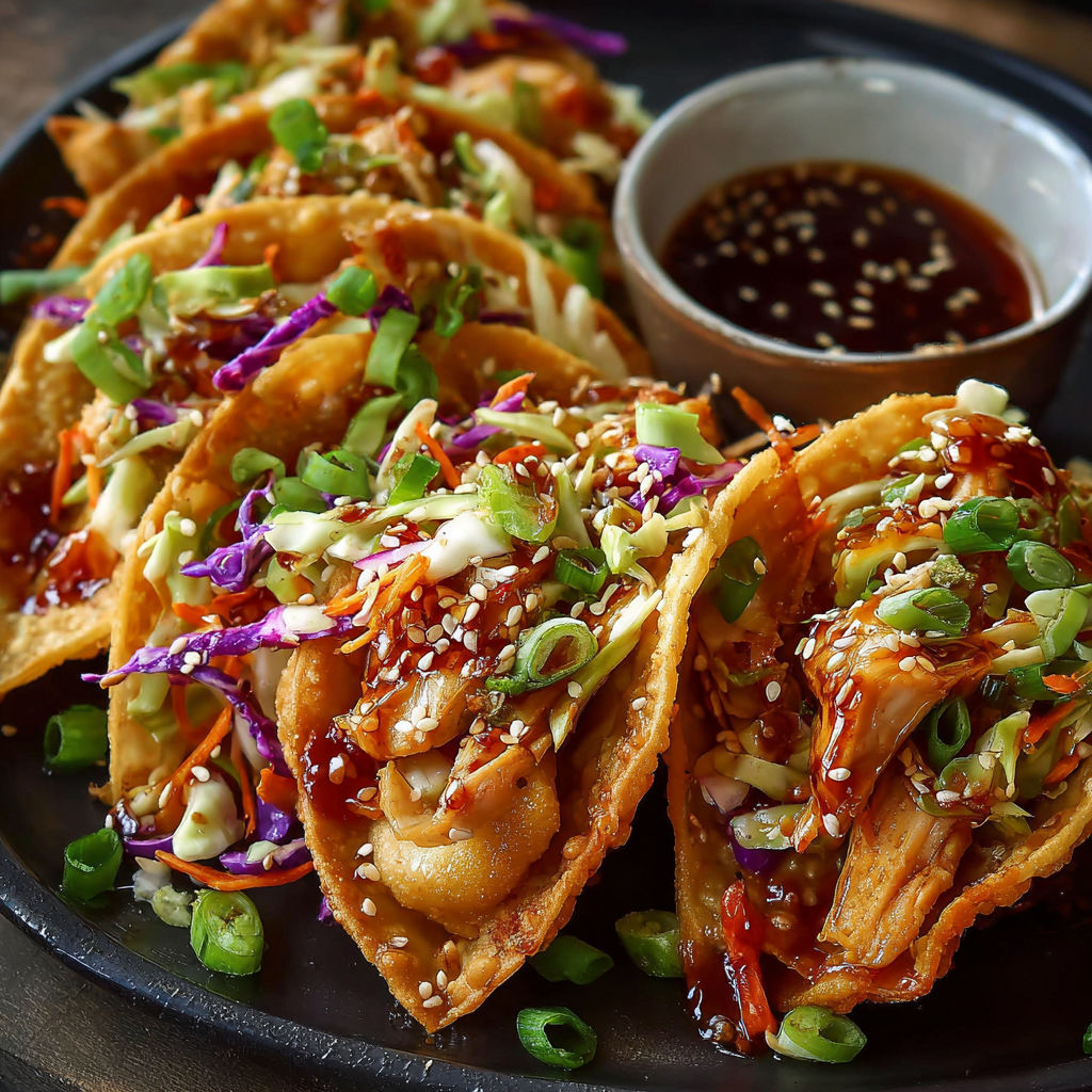 A plate of Crispy Chicken Wonton Tacos with a dipping sauce.