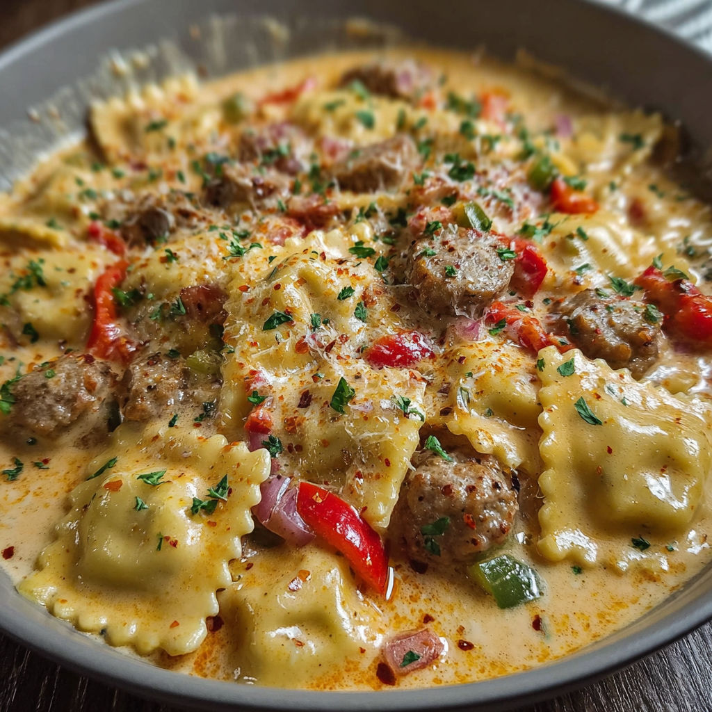 A bowl of pasta with meat and vegetables, including peppers and onions, is served in a creamy sauce.