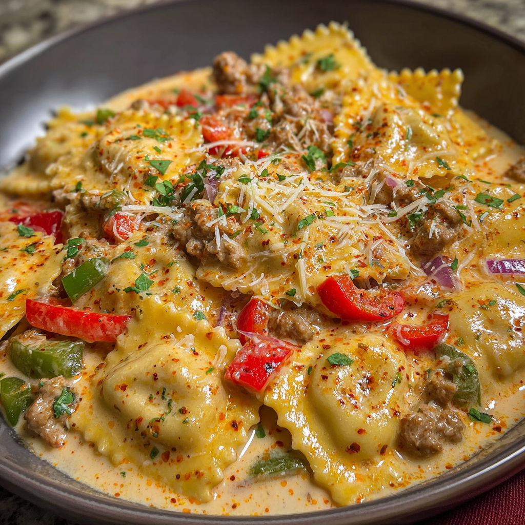 A bowl of pasta with meat and vegetables, including peppers and tomatoes, is served on a dining table.