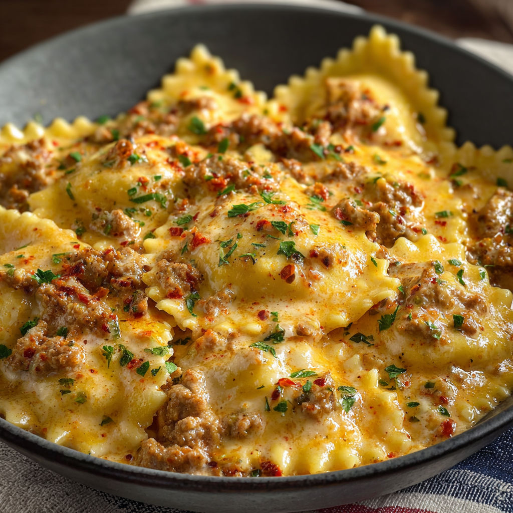 A bowl of pasta with meat and cheese, possibly a lasagna dish.