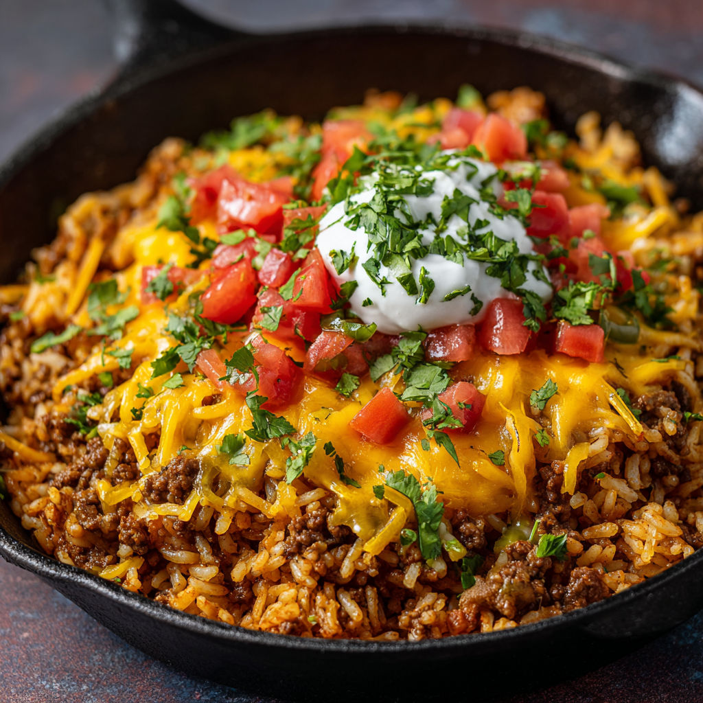 A delicious meal of Mexican Rice with Chicken and Cheese, topped with a dollop of sour cream.