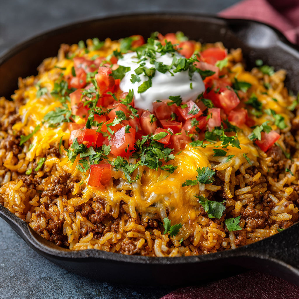 A delicious meal of Mexican Rice with beans, tomatoes, and cheese, served in a black skillet.