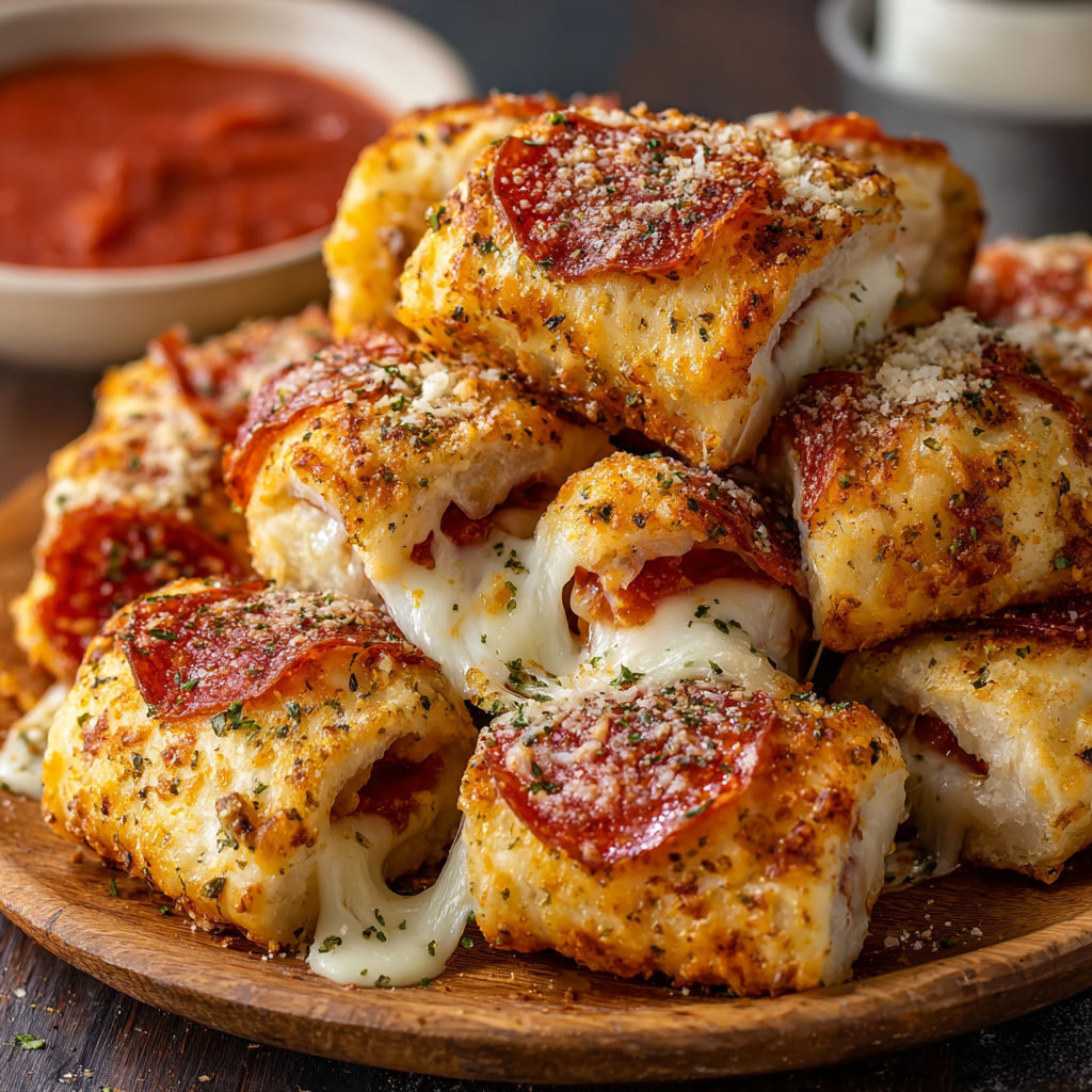 A plate of stuffed crust pizza snacks with cheese and pepperoni.