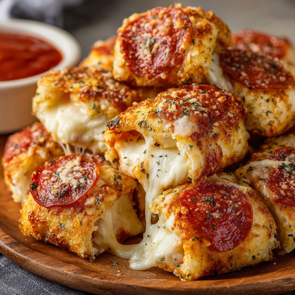 A plate of stuffed crust pizza snacks with cheese and pepperoni toppings.
