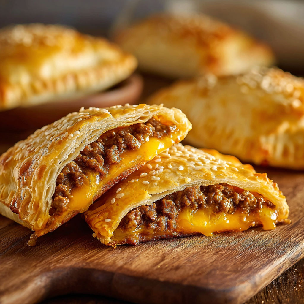 A delicious cheese and meat filled pastry is served on a wooden platter.