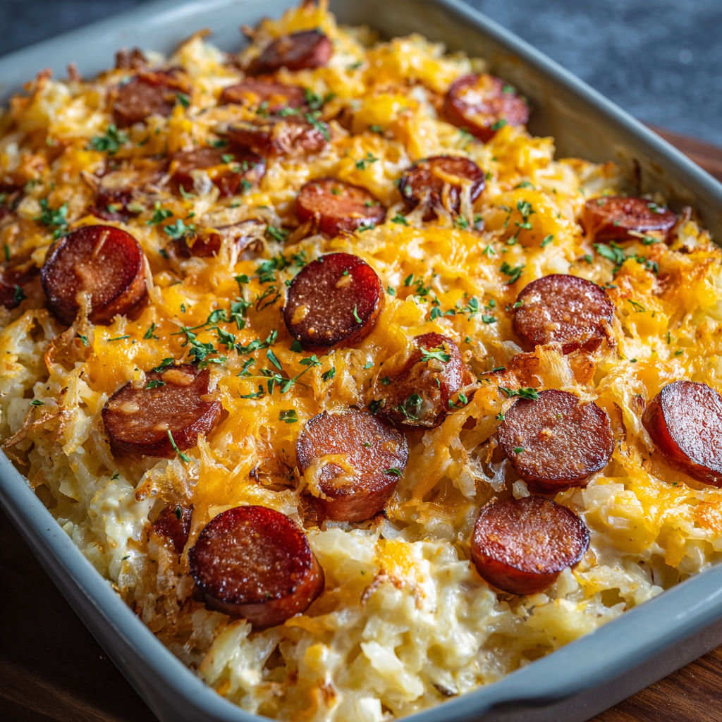 A delicious smoked sausage cheesy potato dish, ready to be enjoyed.