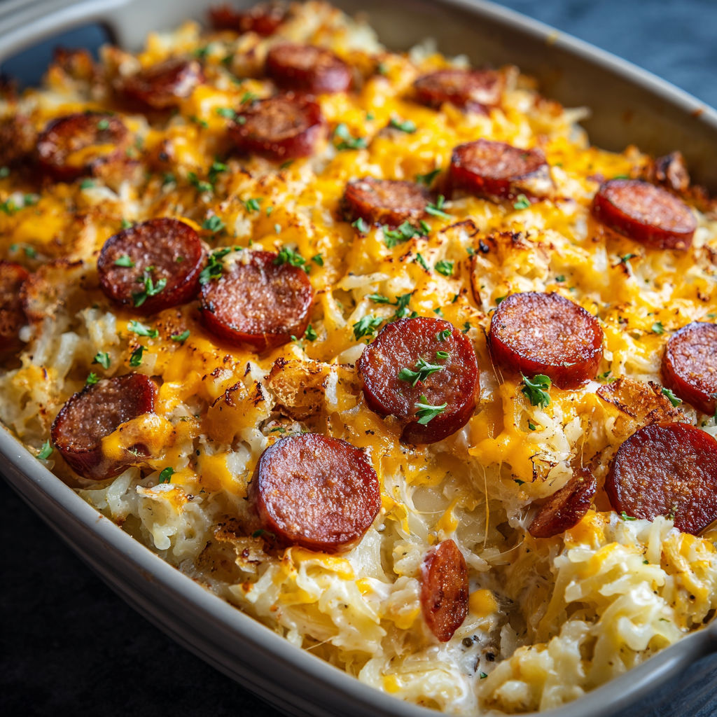 A dish of Smoked Sausage Cheesy Potato.
