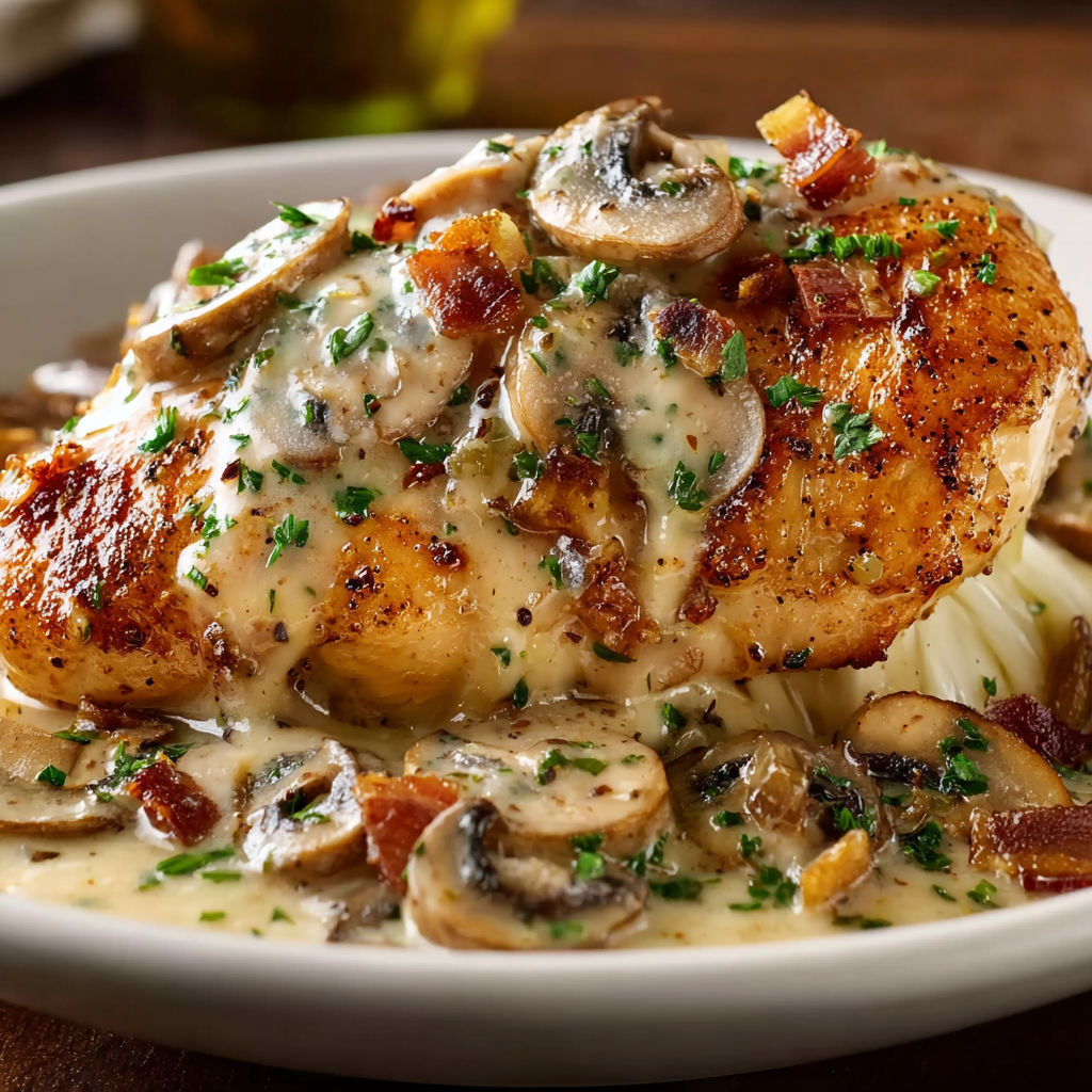 A plate of food with mushrooms and bacon on top.