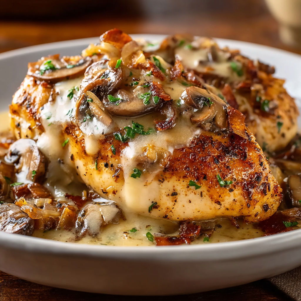 A plate of chicken covered in mushrooms and cheese.
