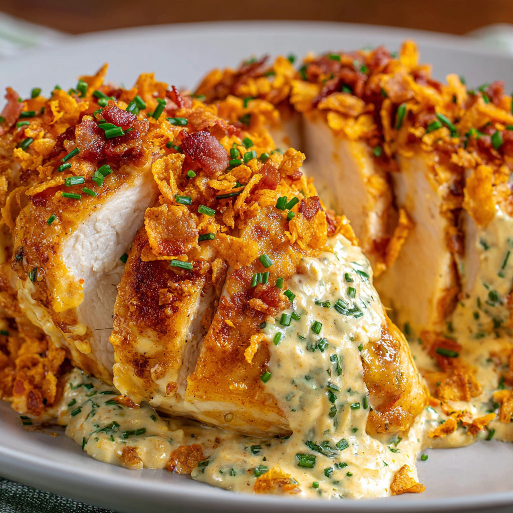 A plate of chicken covered in bacon and cheese, with a side of ranch dressing.