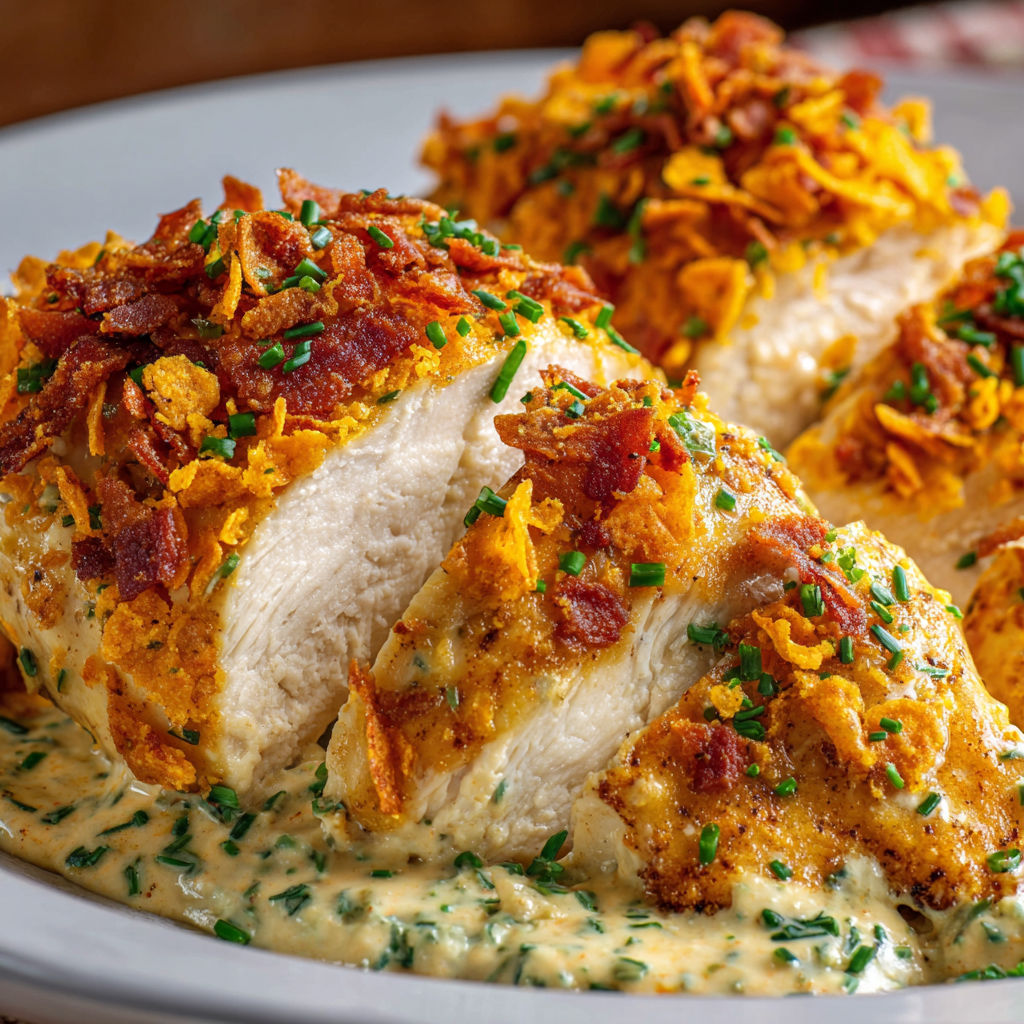 A plate of chicken with bacon and cheese on top, served with a creamy sauce.