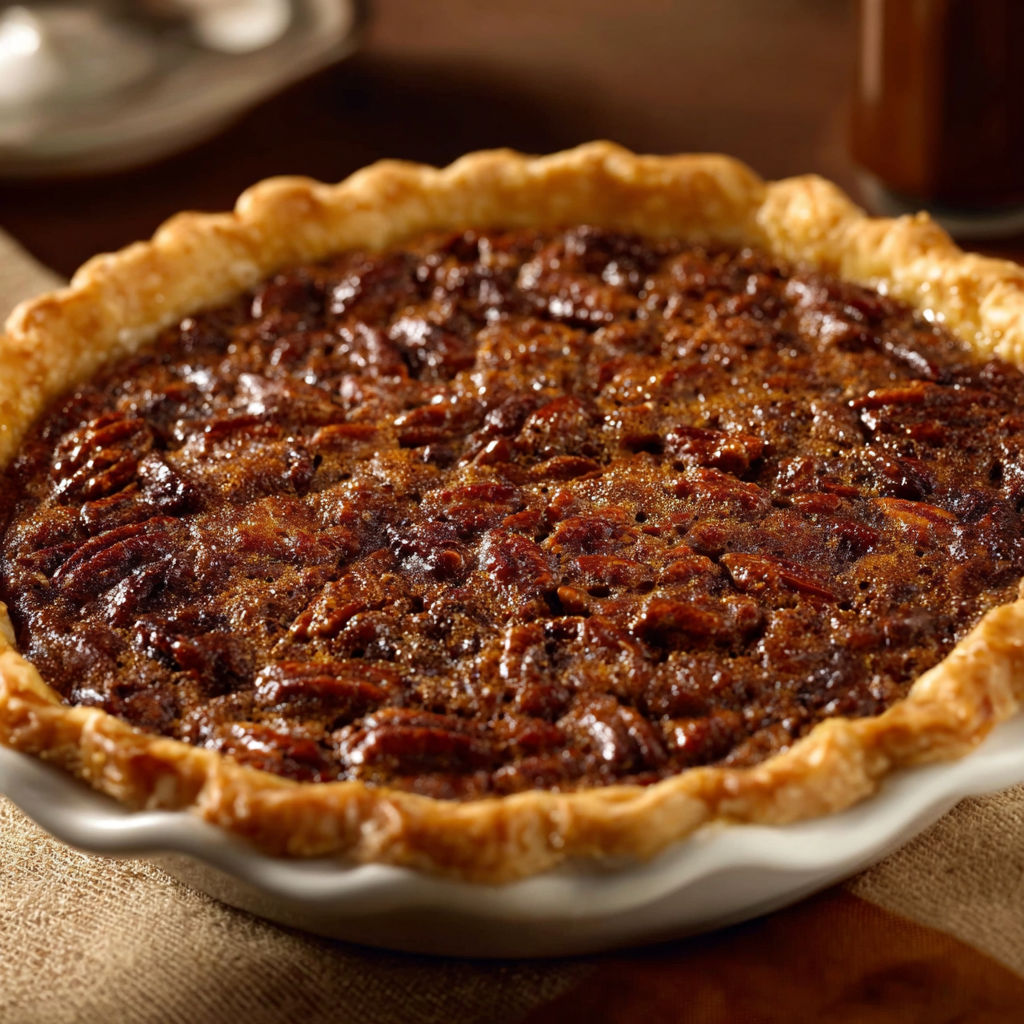 A slice of Pecan Fudge Pie is served in a white bowl.