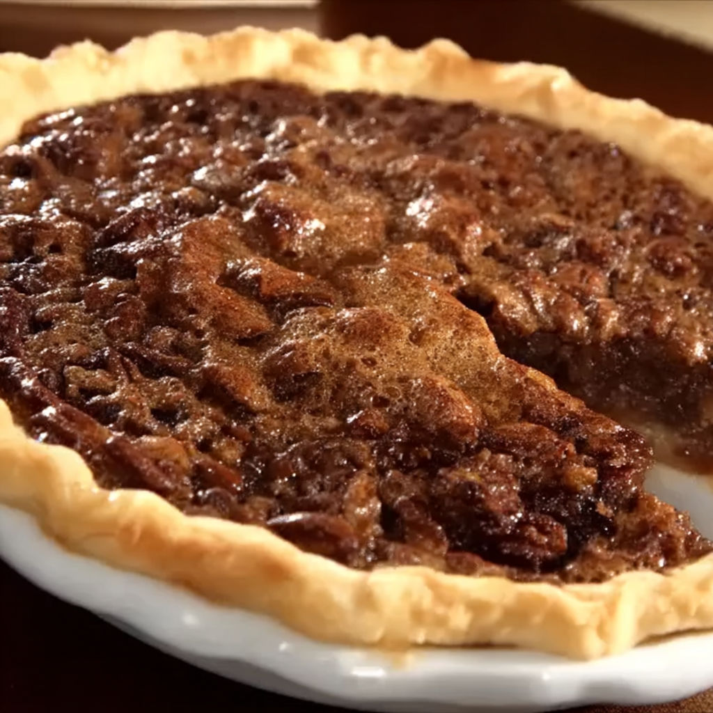 A slice of pecan pie is served on a white plate.