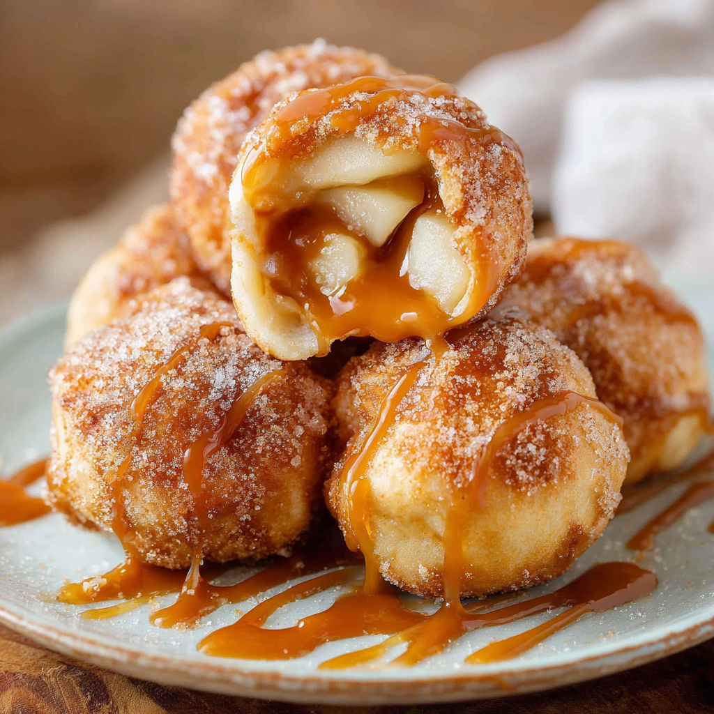 A plate of sugar-coated doughnuts with caramel drizzle, ready to be enjoyed.