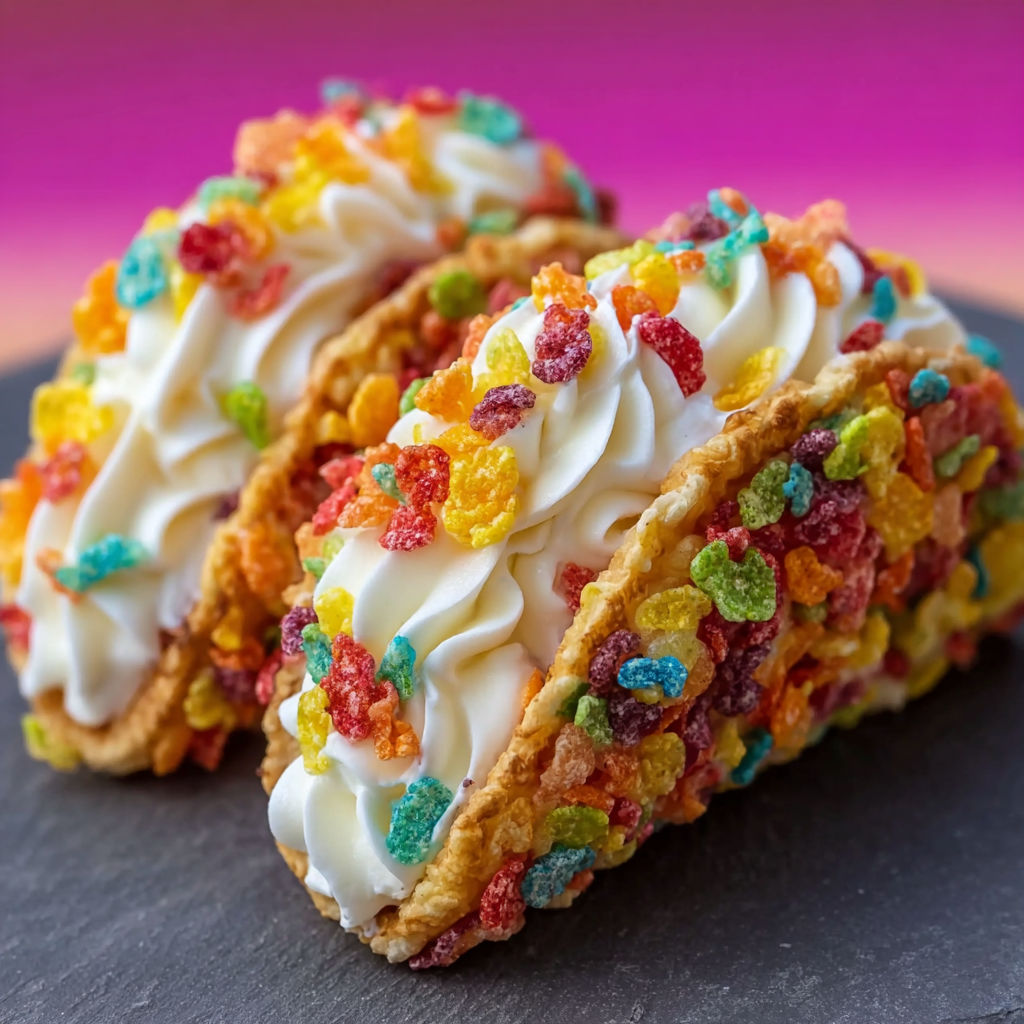 A colorful dessert with a Fruity Pebbles topping is displayed on a table.