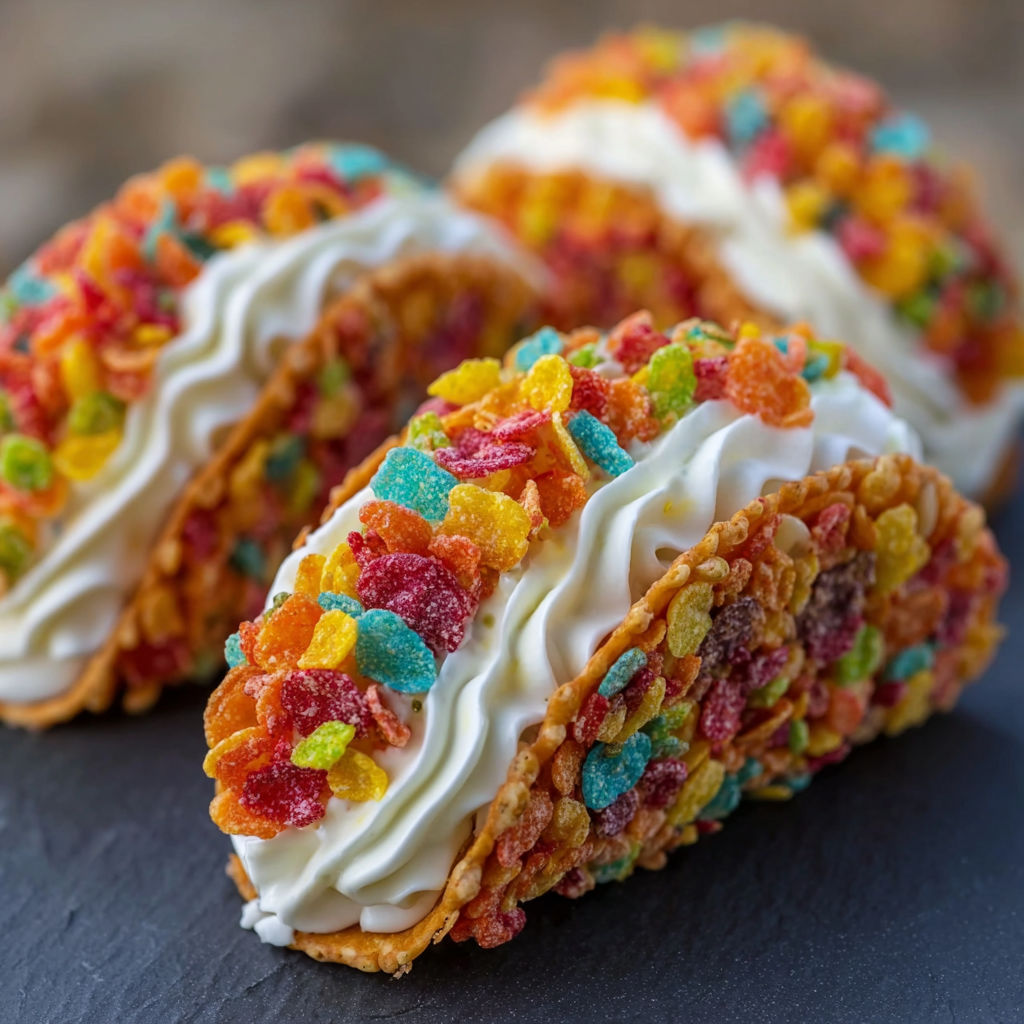 A close-up of a Fruity Pebbles Cheesecake Taco, with a swirl of white cream on top.