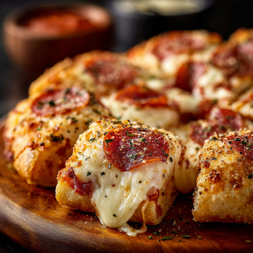 A close up of a delicious stuffed crust pizza snack.