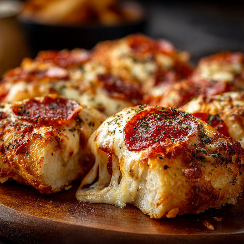 A plate of stuffed crust pizza snacks with pepperoni and cheese.